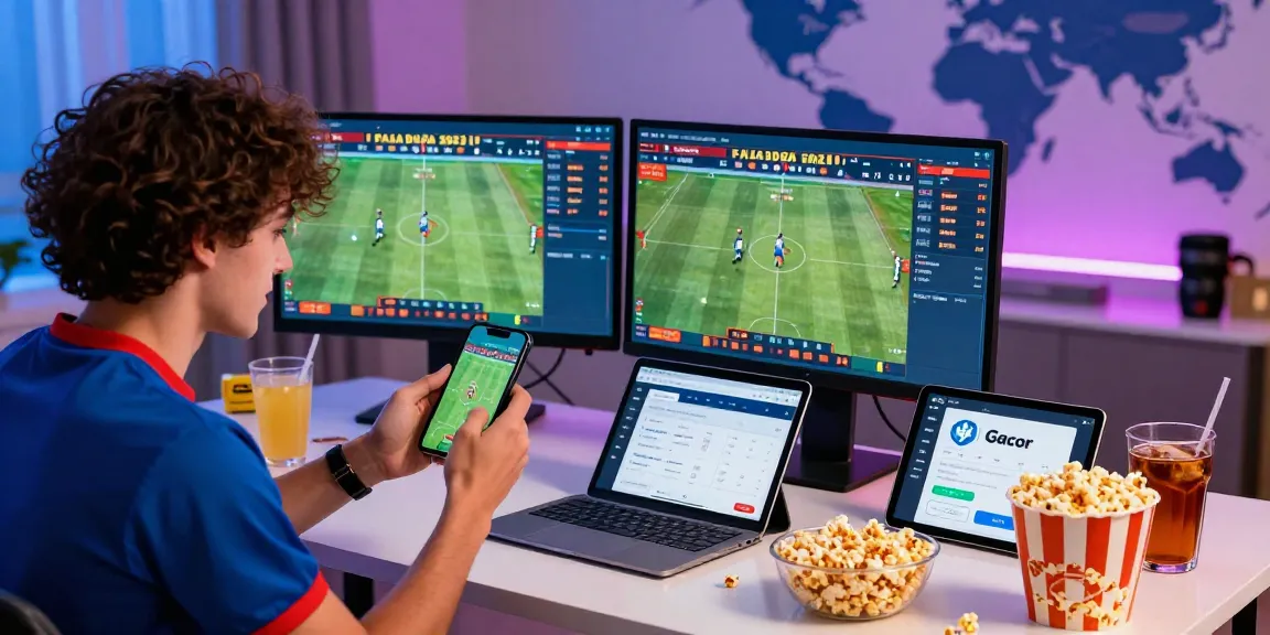 Gacor 25 sports betting excitement with a fan celebrating a win on mobile while surrounded by live match stats.