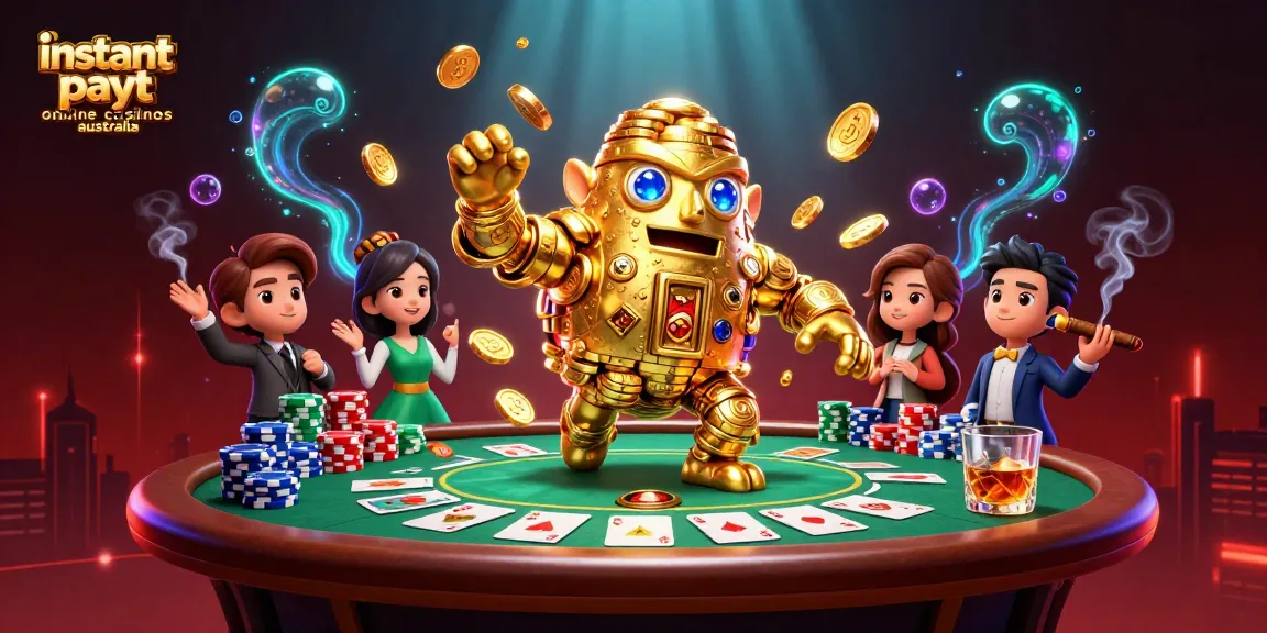 Experience instant payout online casinos Australia with a vivid 3D casino illustration featuring a golden coin golem.