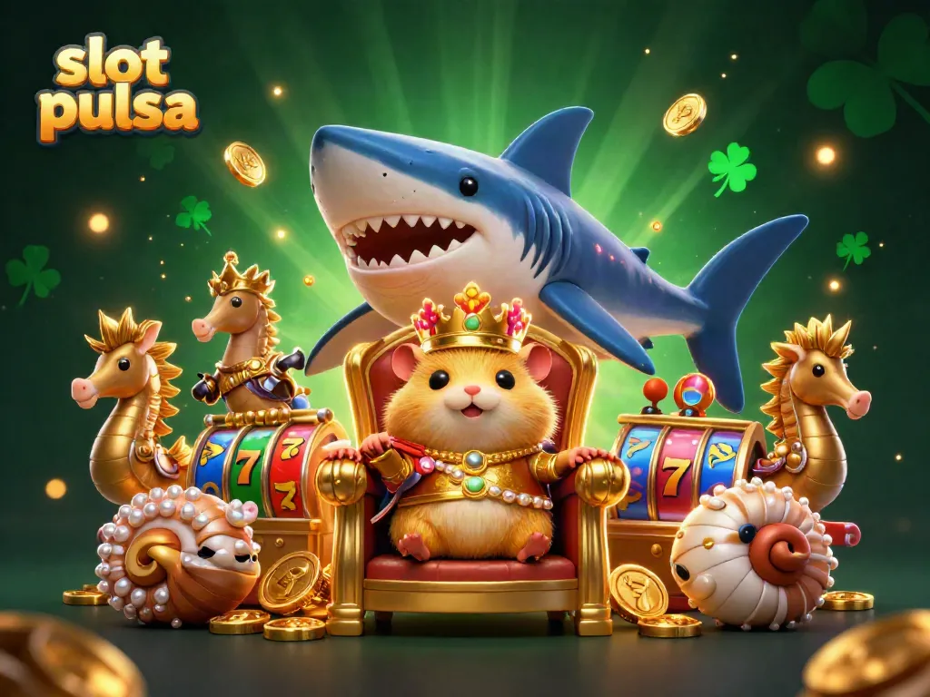 Simbol slot pulsa yang berkilauan dan raja hamster emas dalam ilustrasi 3D yang menakjubkan.