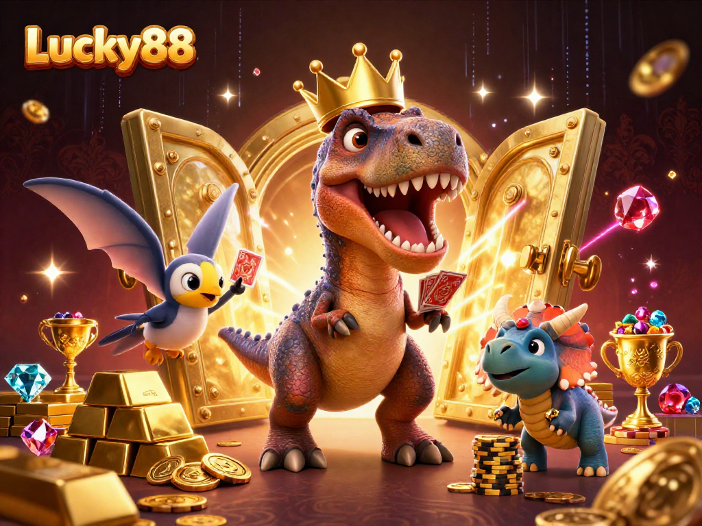 Experience the excitement of Lucky88 with card-shuffling dinosaurs and gold treasures.