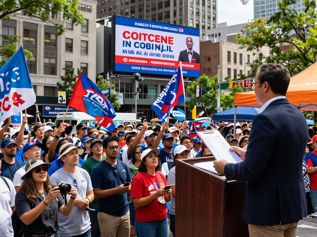 Engaging political rally highlighting geofencing political advertising strategies with enthusiastic supporters and campaign materials.