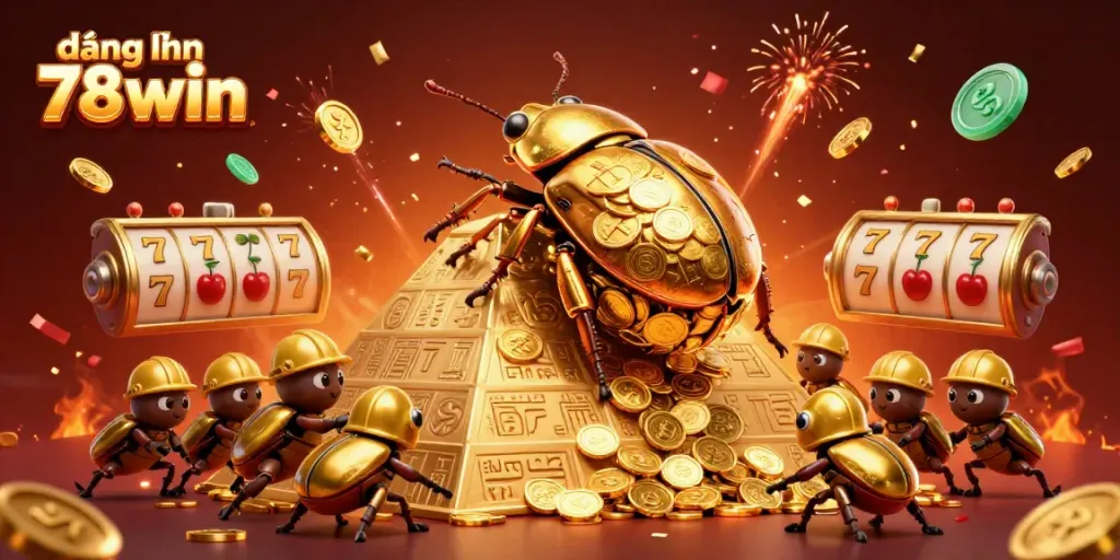Join the fun with đăng nhập 78win featuring a golden dung beetle and casino elements.