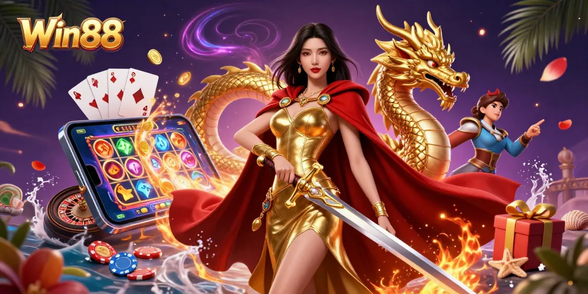 Win88 offers thrilling slot action with vibrant graphics, golden coins, and exciting gameplay elements.