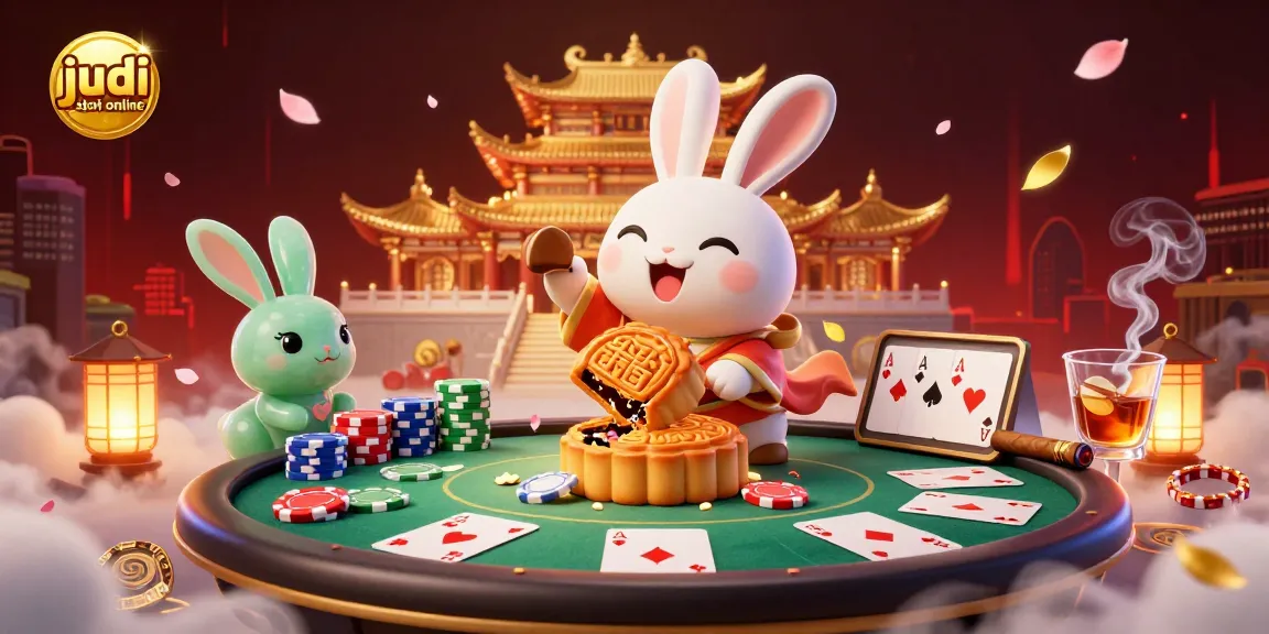 Immerse yourself in the world of judi slot online with an illustration of a moon rabbit revealing poker chips on a lunar landscape.