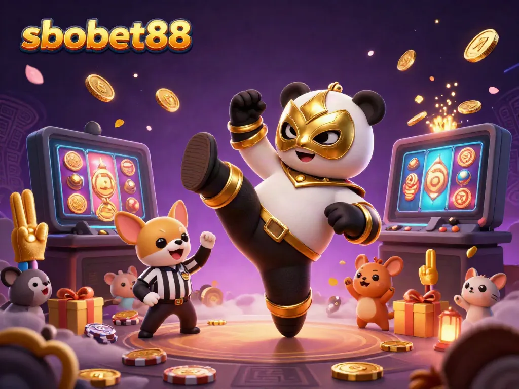 SBOBET88-themed dynamic 3D illustration showcasing a panda wrestler and a chihuahua referee amidst colorful gambling elements.