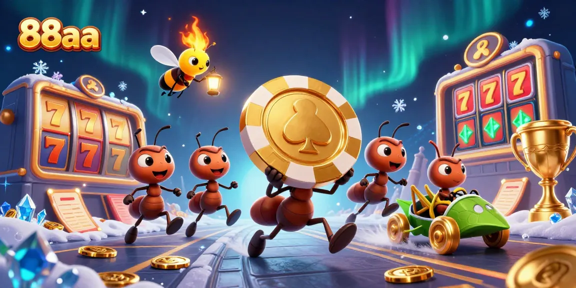 Engage with 88aa's thrilling heist featuring ants carrying a golden poker chip in a dynamic casino scene.